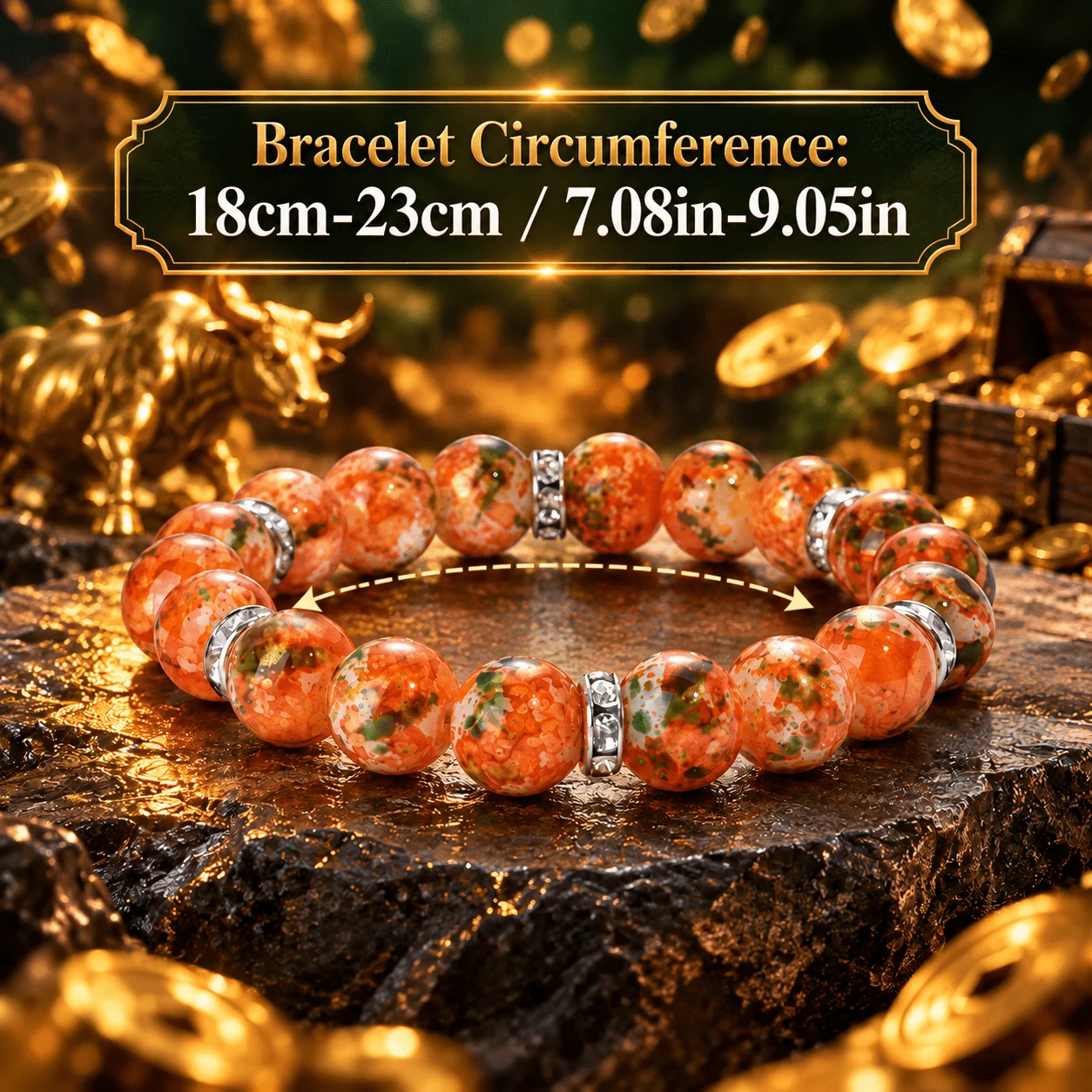 Orange green textured bead bracelet, themed around wealth and happiness,featuring luxurious wrist jewelry for both men and women