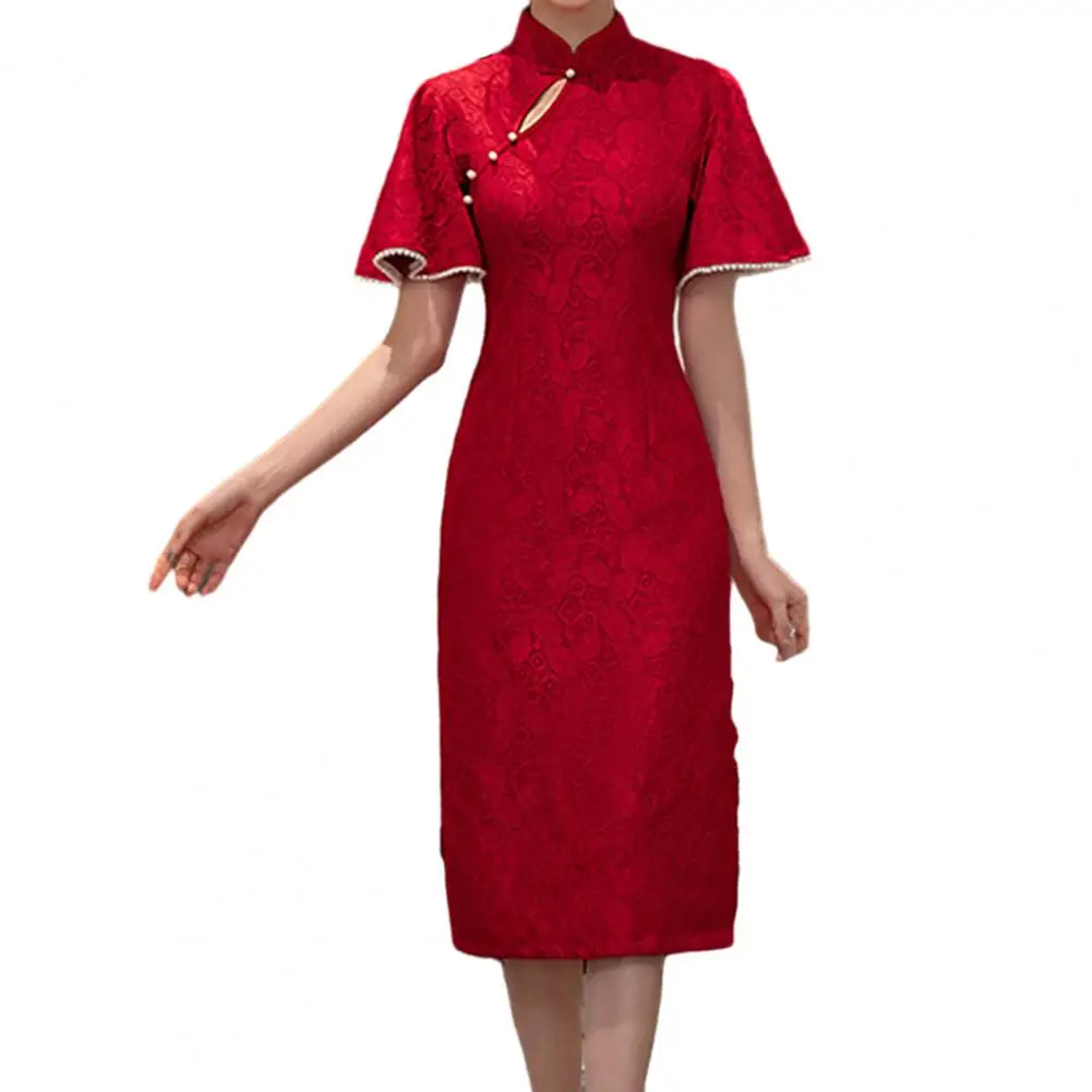 

Red Lace Cheongsam Women Slim Retro Dress Stand Collar 3/4 Sleeve Jacquard Lace Qipao Chinese Style Evening Wedding Dress