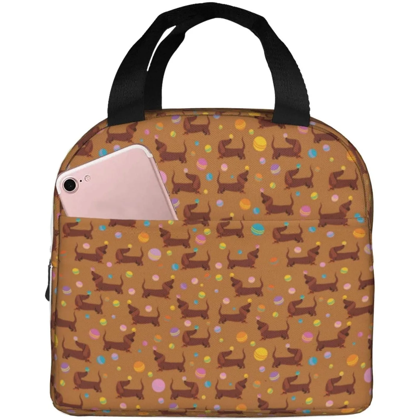 Insulated Lunch Bags for Men Women Work Dachshund Dog Puppy Colorful Ball Small Adult Lunch Box for Men Women