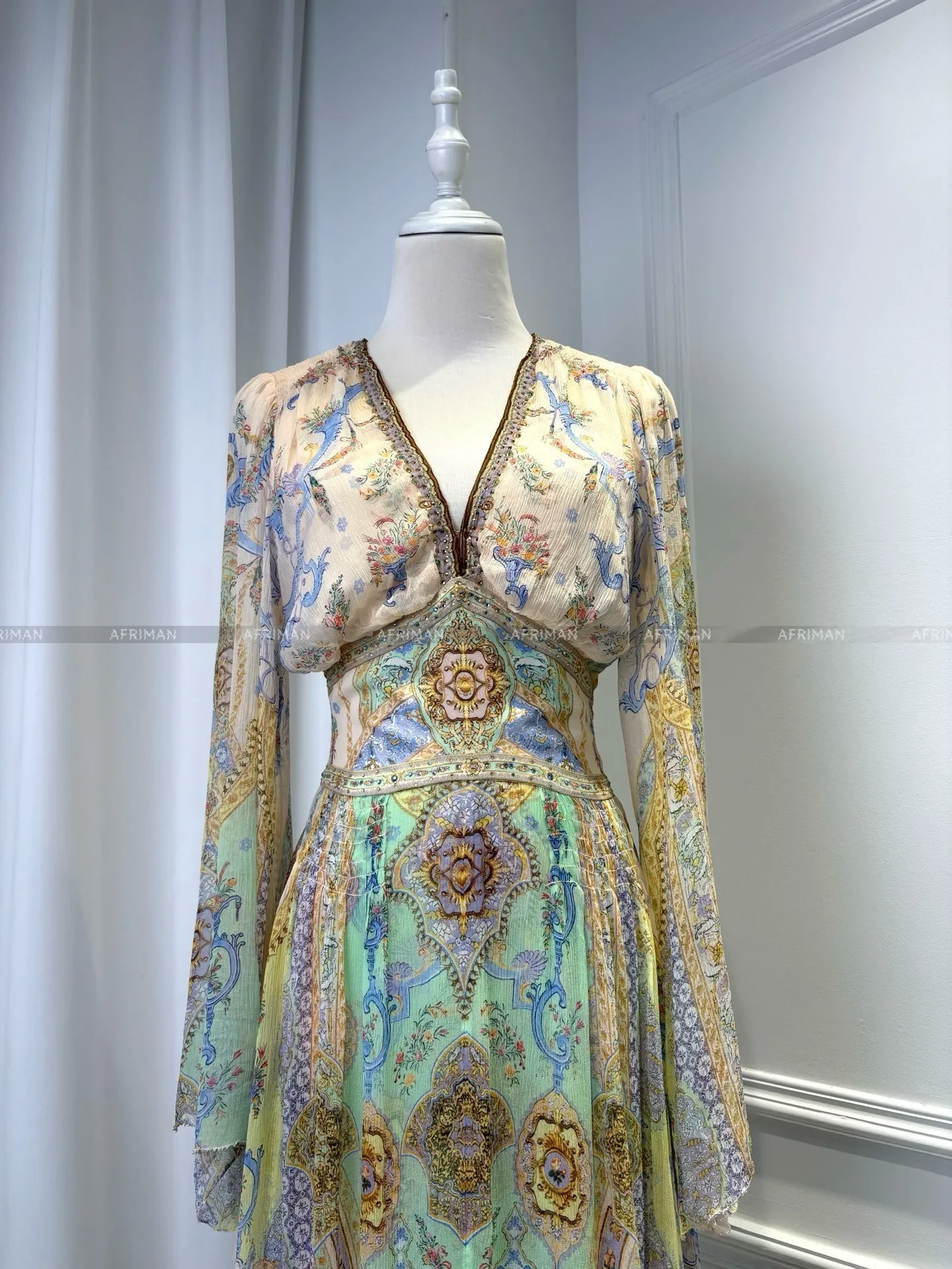 المرأة الخامس الرقبة كريستال مطرز مضيئة كم طويل زهرة طباعة عطلة ارتداء فستان ماكسي طويل الحرير #2