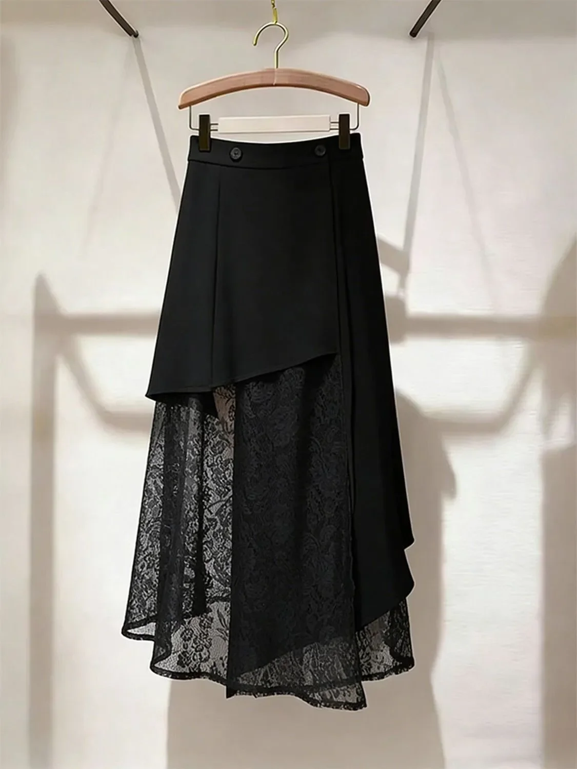 Black Asymmetrical High Waist Lace Splicing Design A-Line Long Skirt Ro Sle Women's Premium Fashion Spring Summer Skirt