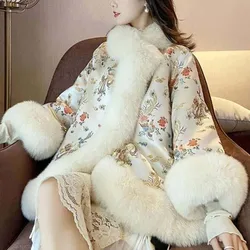 Plus Size satin print  Winter Women Coat Thick Warm Faux Fur Outerwear Fashion Female Clothing Festival Casual Street