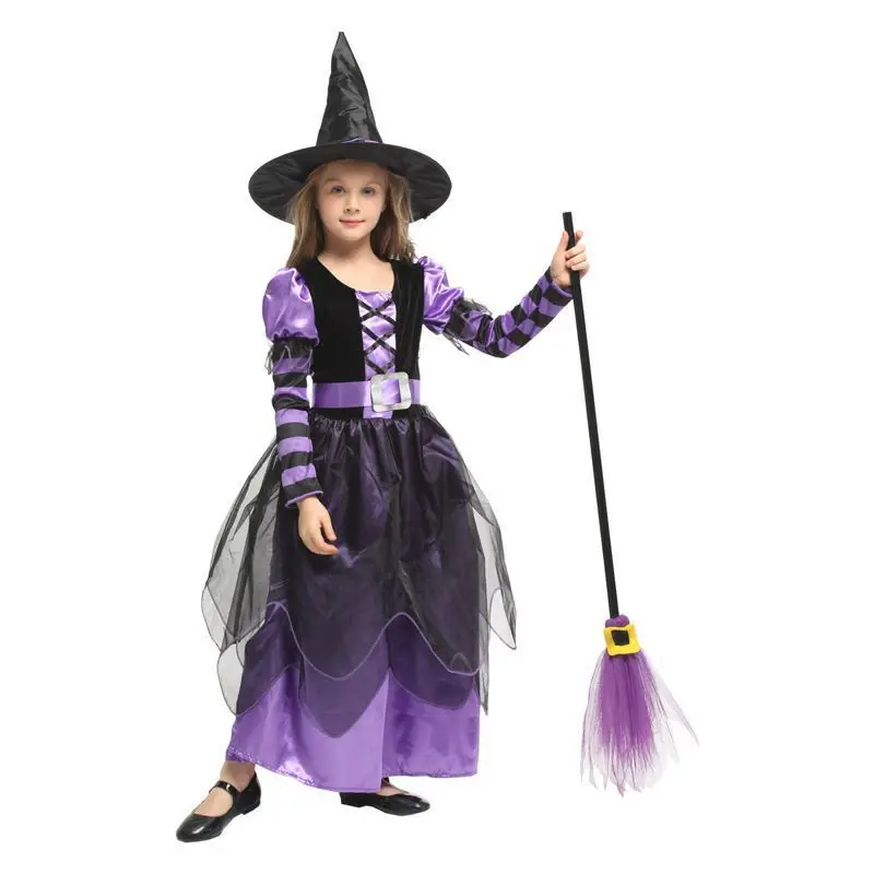 Halloweenowa dziecięca czarownica kostium księżniczki z kapeluszem do makijażu piłka kostium czarownicy impreza z okazji Halloween sukienka Cosplay czarownicy