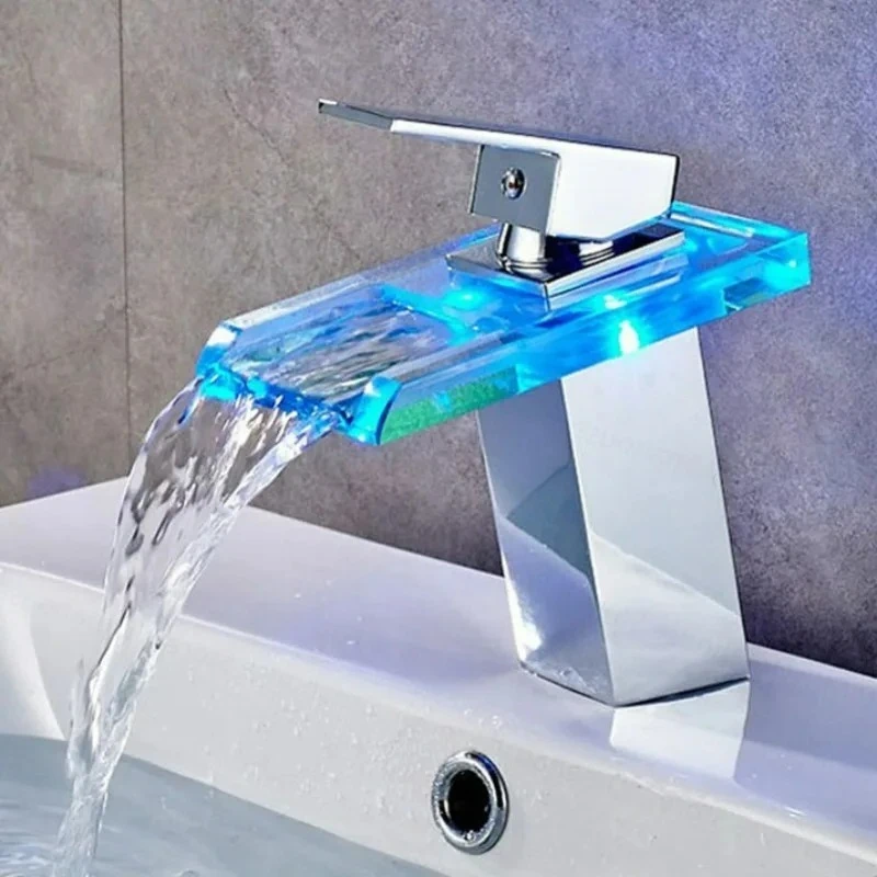

Luxury LED Color Changing Waterfall Basin Sink Faucet Single Handle Deck Mounted Hot and Cold Mixer Taps Bathroom Faucets