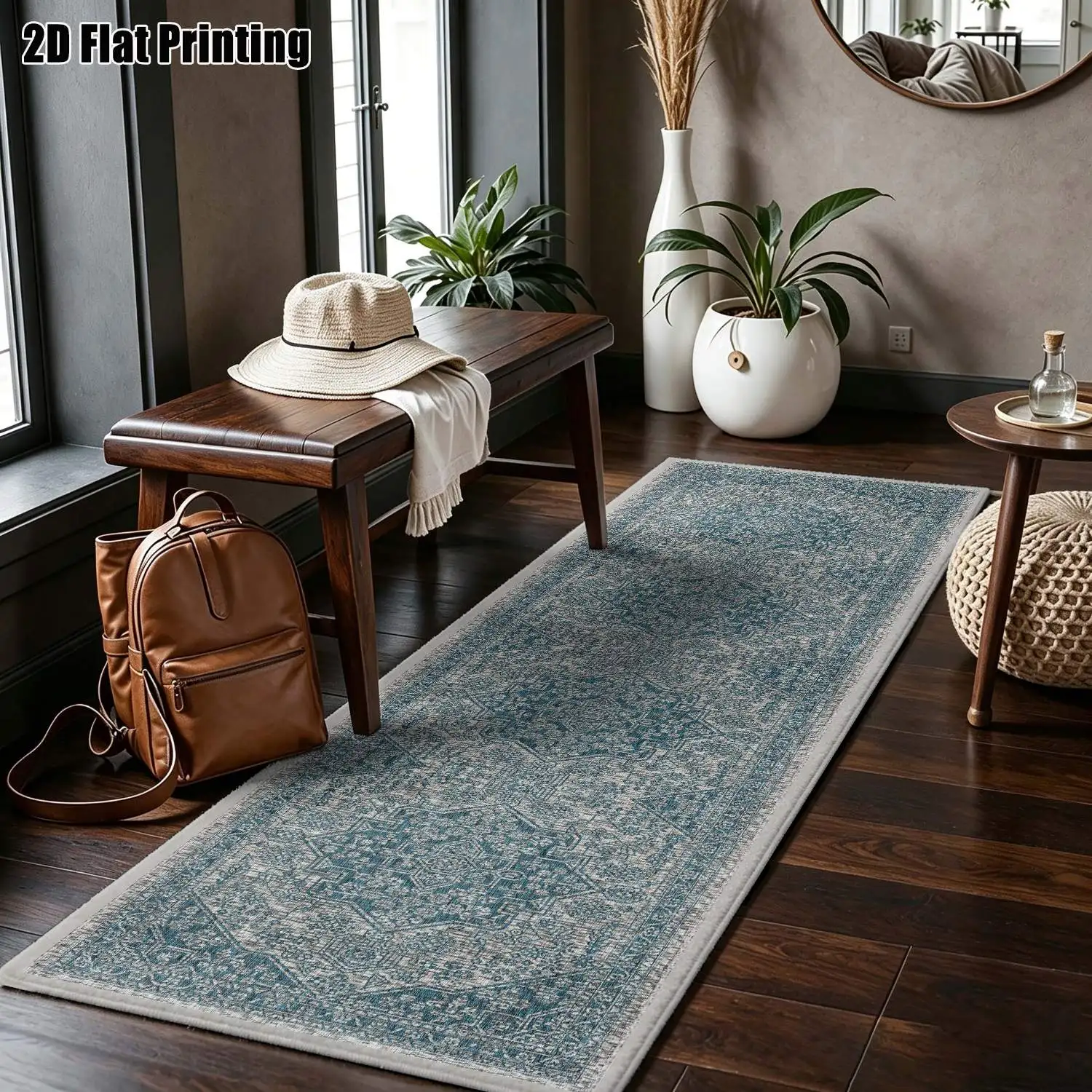 1Pc 2D Printed Long Strip Runner Carpet: Blue-Grey Geometric Pattern, European/Bohemian/Retro Style, Machine Washable, Multi-Size, for Hallway/Entrance/Living Room/Bedroom Home Decor