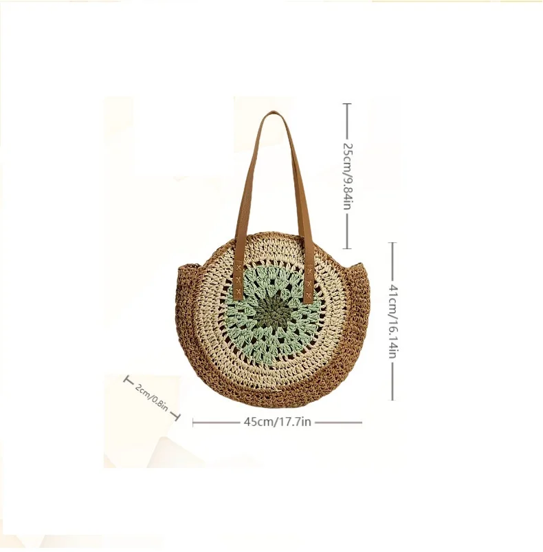 Handgewebte Sommer-Rundstrohtasche im Bohemian-Stil für Damen – Lässige Strand- und Urlaubstasche aus umweltfreundlicher Faserkunst – Detail 3