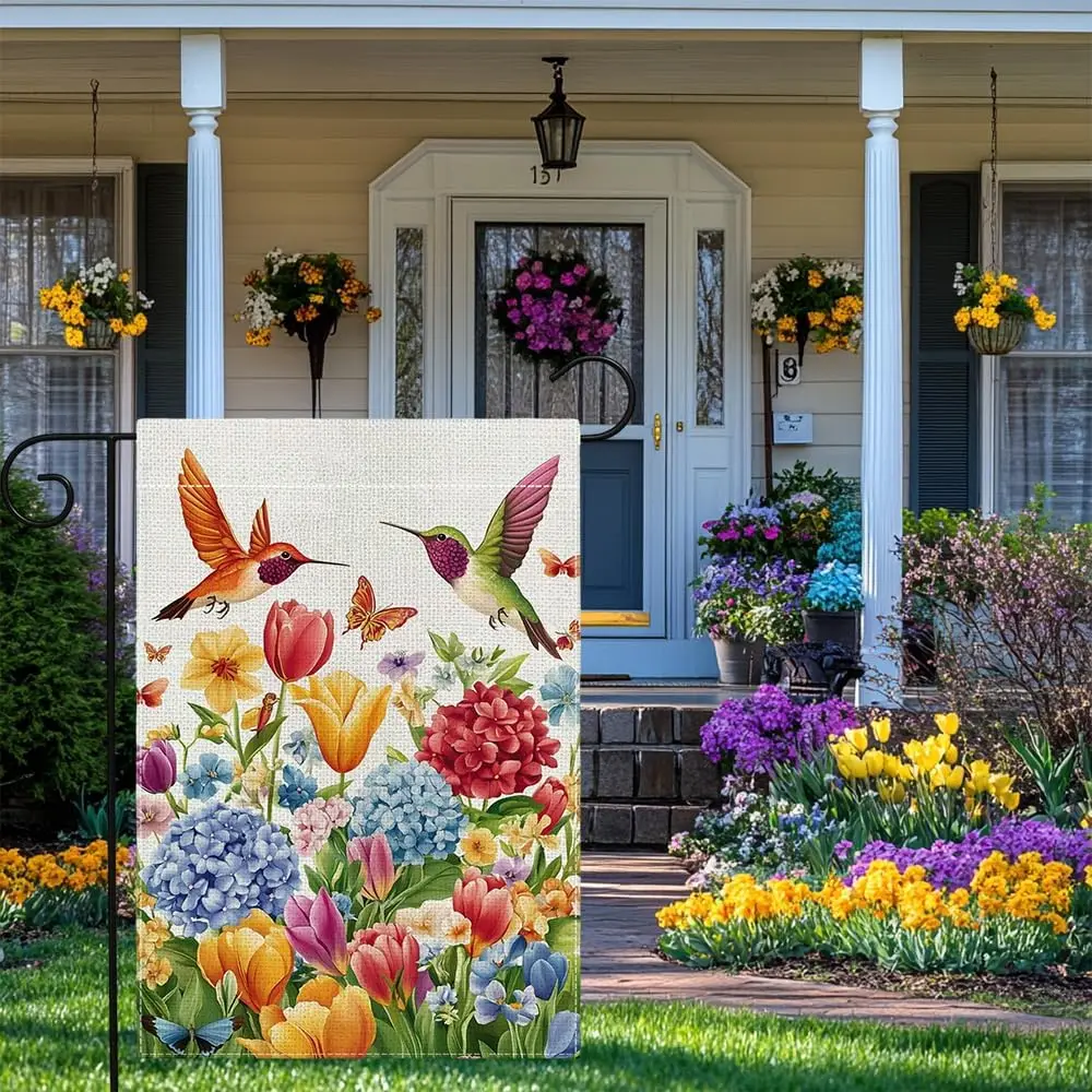 Hummingbirds Hydrangea Flowers Garden Flag 12x18 Inch Double Sided Spring Summer Tulip Colorful Floral Yard Outdoor Flag Hol jjp