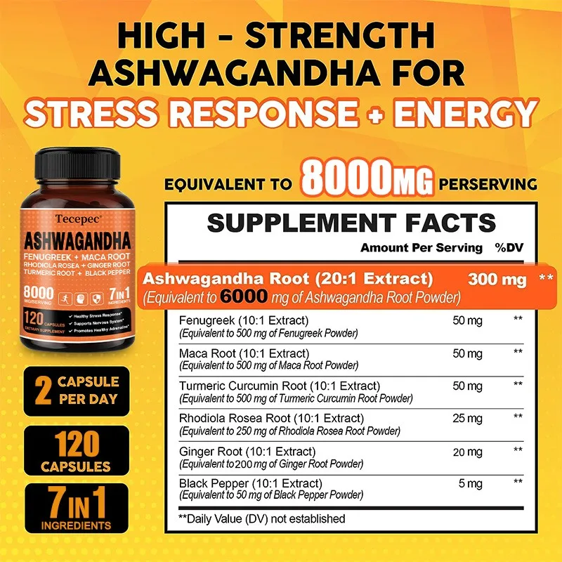 Ashwagandha 8000mg 7-in-1 Complex - Stress Relief, Nervous System Support, Energy Boost, Fenugreek Maca Rhodiola, 120 Capsules
