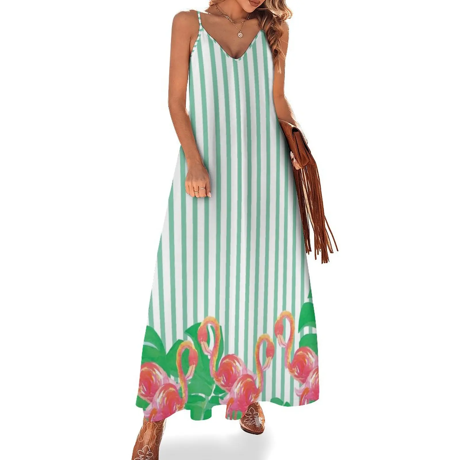 

Stripes and Flamingos Sleeveless Long Dress women long dresses Women's long dress bandage dress loose women's