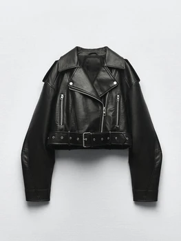Ailegogo Spring Autumn Women Faux Pu Leather Short Jacket with Belt Motorcycle Biker