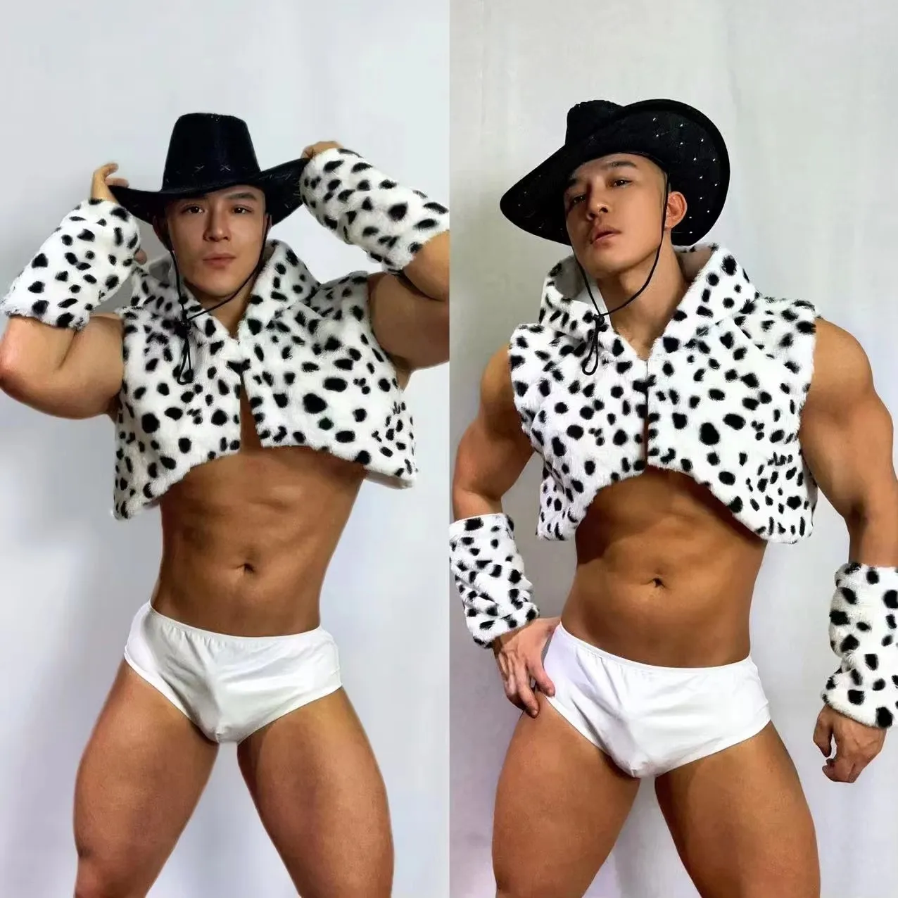 Male Sexy Black White Dot Faux Fur Vest Shorts Set Gogo Dancer Costume Nightclub Bar Party Show Rave Outfit Stage Performance