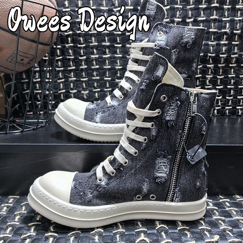 Owees Design Couple Flats High-top Canvas Shoes Women All-match Sneakers Lace-up Men Flat Platform Shoes Zipper Vulcanized Shoes