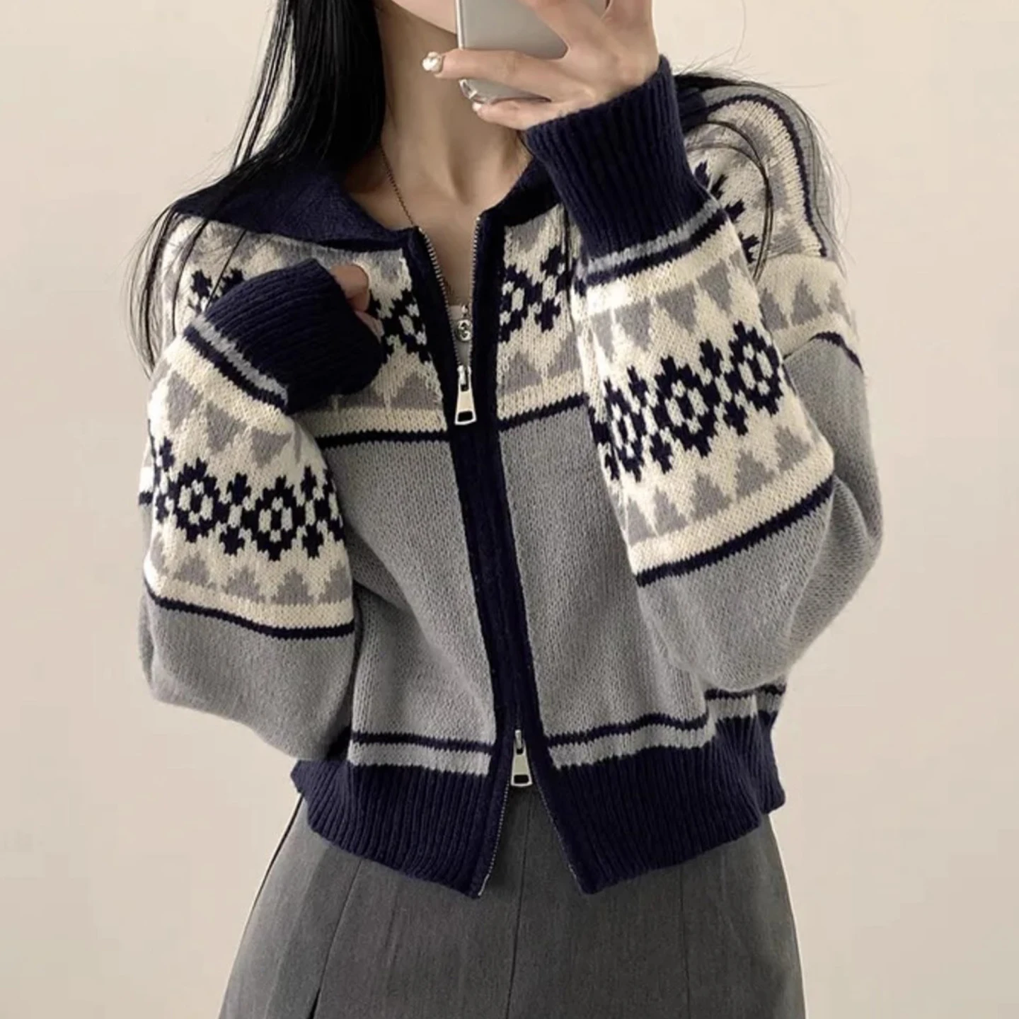 

Retro Doll Collar Color Blo Knitwear Jaet Women's Loose Winter New Sle Double Zipper Sweater Top Korean Sle Long Sve