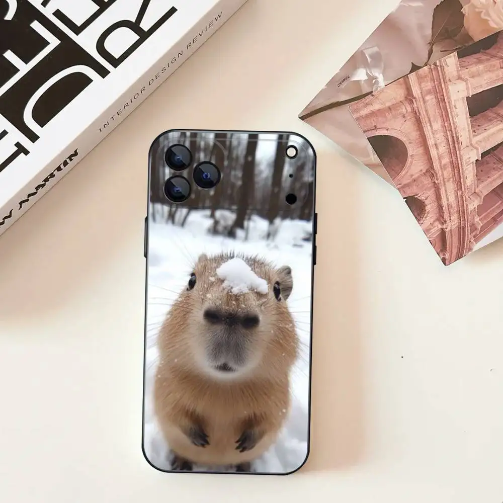 Bonito animal de estimação c-capivara para iphone 17,16,15,14,13,12,11, pro, max, plus, e, se4, air, mini capa de telefone preta com capa macia
