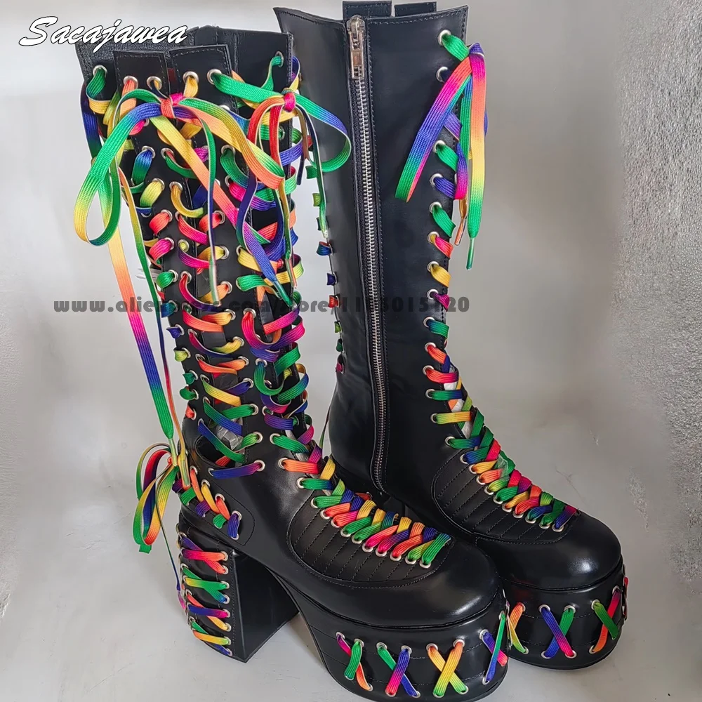 

Punk Style Colored Shoelaces Chunky Heel Motorcycle Boots Round Toe Platform Casual Platform Boots Size 33-48 Lady Modren Boots