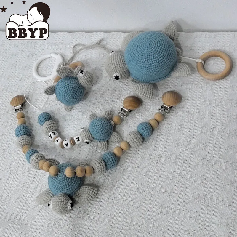 Stroller chain Pacifier Chain With Name Gym Educational Ring Teething Toy Baby Cotton Turtle Wooden Ring Rattle Crochet Wool Toy