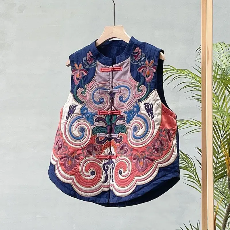 Chaleco bordado de estilo étnico chino Retro para mujer, novedad de primavera 2021, Top sin mangas, chaleco con cuello levantado de lino y algodón Jacquard