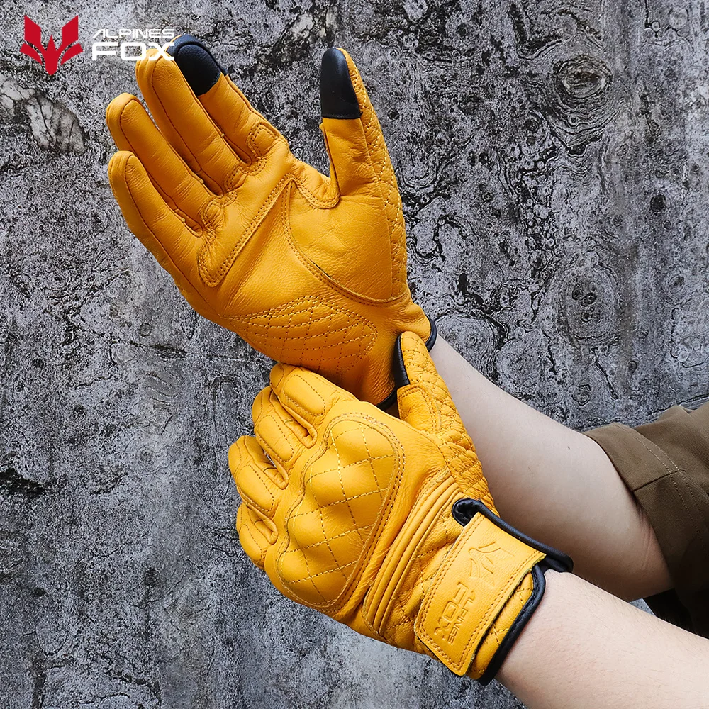 Retro Motorcycle Gloves Real Leather Full Finger Black Yellow Men Women Protective Gear Motorbike Glove Touch Screen Guante Moto