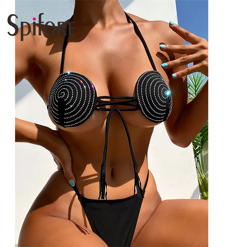 

Spifore Summer Diamond Two Piece Bikinis Set New Fashion Backless Lace Up Women Swimsuits Black Beachwear Swimming Bathing Suits