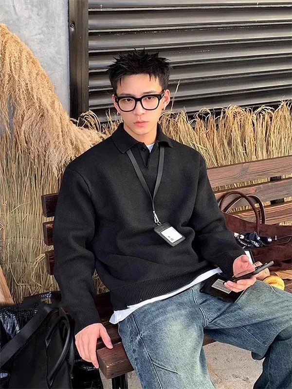 

Мужской вязаный свитер большого размера с отложным воротником для осени и зимы, базовый слой, повседневный, комфортный, теплый