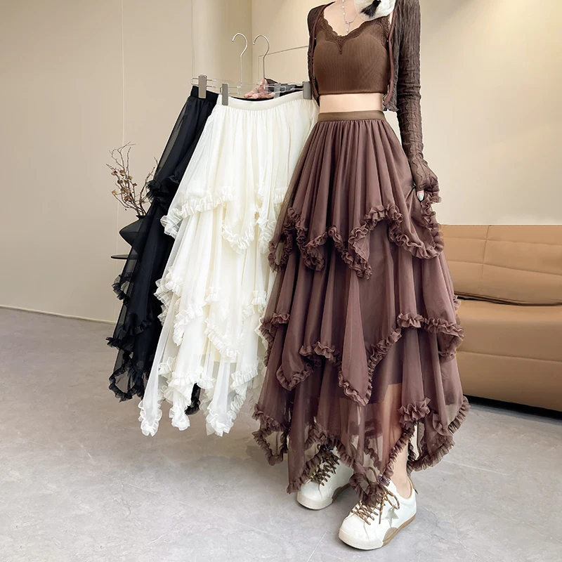 

Повседневная женская юбка миди А-силуэта с высокой талией, новая модель весна-лето, многоярусная сетчатая юбка-полусолнце, пышная юбка с асимметричным подолом