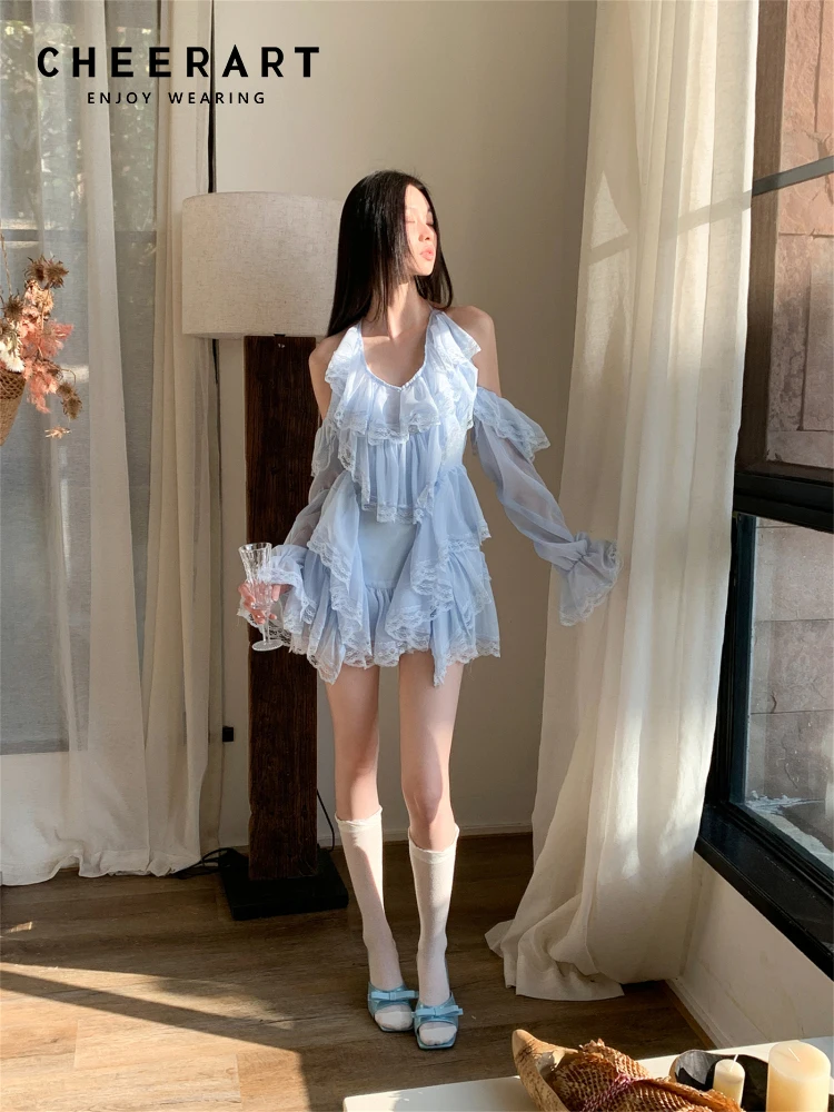 

CHEERART Birthday Dresses Luxury 2024 Backless Ruffles Lace Blue Halter Short Dresses Summer Evening Party Designer Clothes