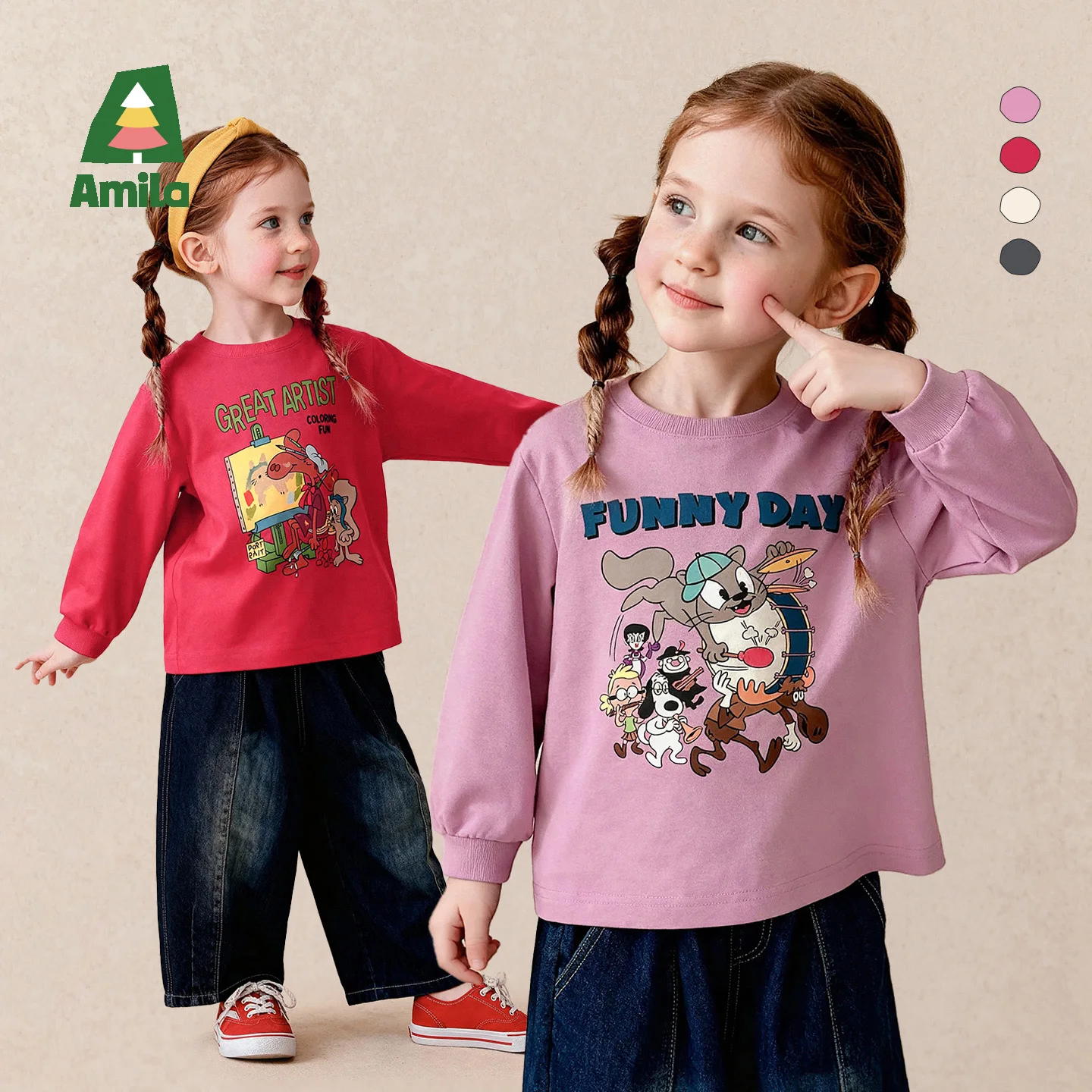 Amila 2026 Autumn New Kids Cartoon Crew Neck T Shirt American Vintage Print Ribbed Collar Soft Cozy Daily Leisure Top