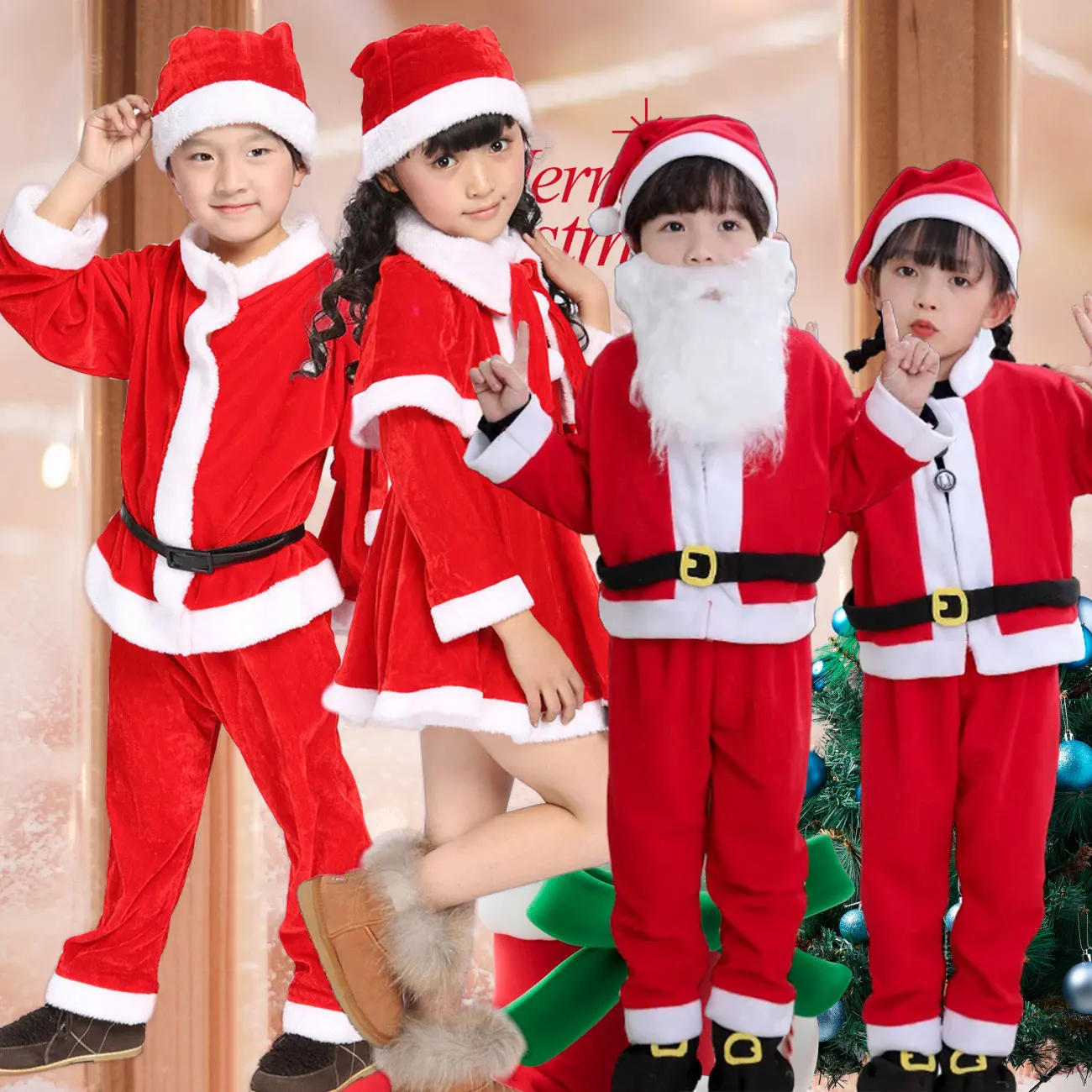 Inverno Bambini Caldo Costume da Festa di Natale Cappotto + Pantaloni + Cappello + Copriscarpe Ragazzi e Ragazze Babbo Natale Gioco di ruolo Vestito Abbigliamento natalizio
