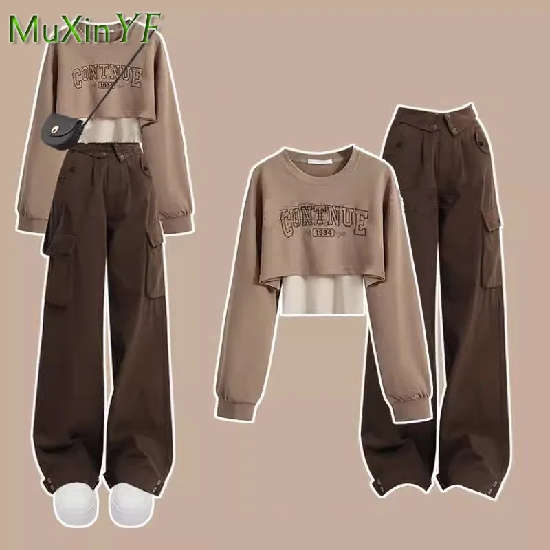 Women\'s New Tracksuit Matching Set 2024 Spring Autumn New Korean Loose Short Hoodie Top+Vest+Cargo Pants Three Piece Suit