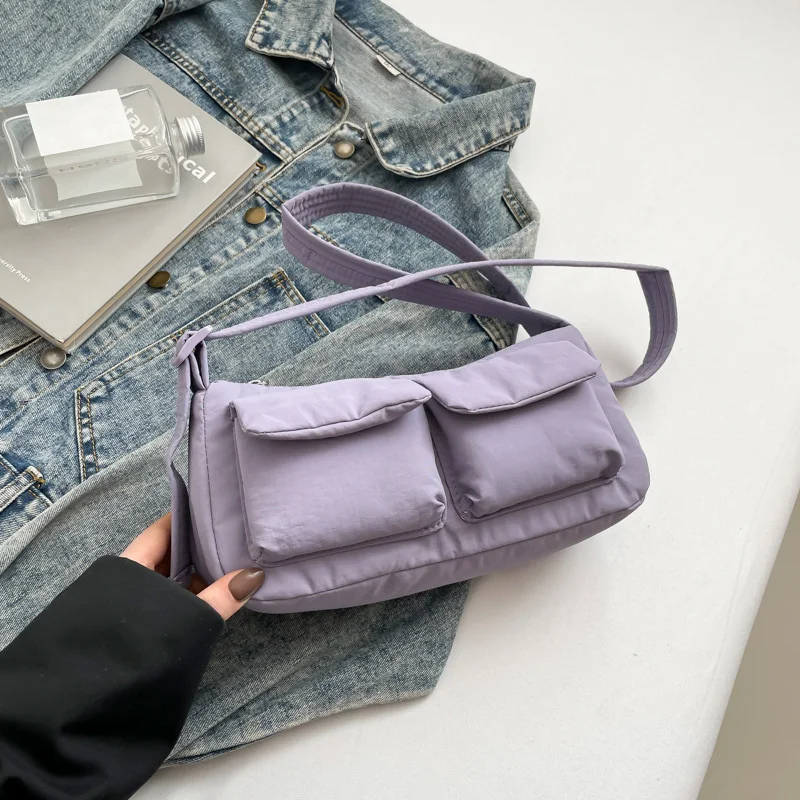 Damen-Umhängetasche aus Nylon mit großem Fassungsvermögen und Reißverschluss, einfarbig, lässig, Schultertasche, Hobos für Party, Urlaub – Detail 10