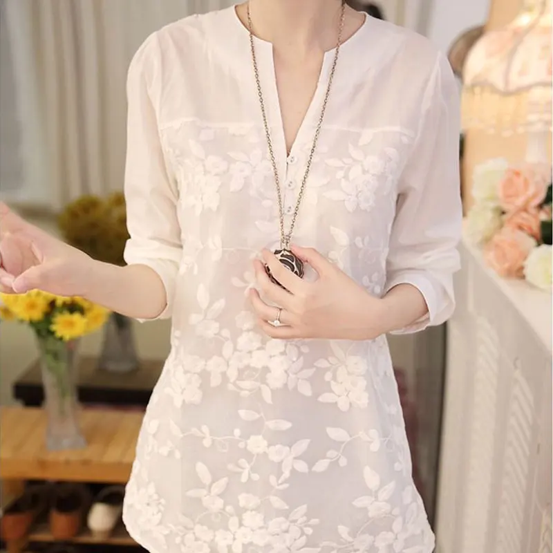 Casual Stylish Floral Embroidery Midi Blouse Summer Loose Half Sleeve All-match Female Hollow Out Elegant V-Neck Button Shirt