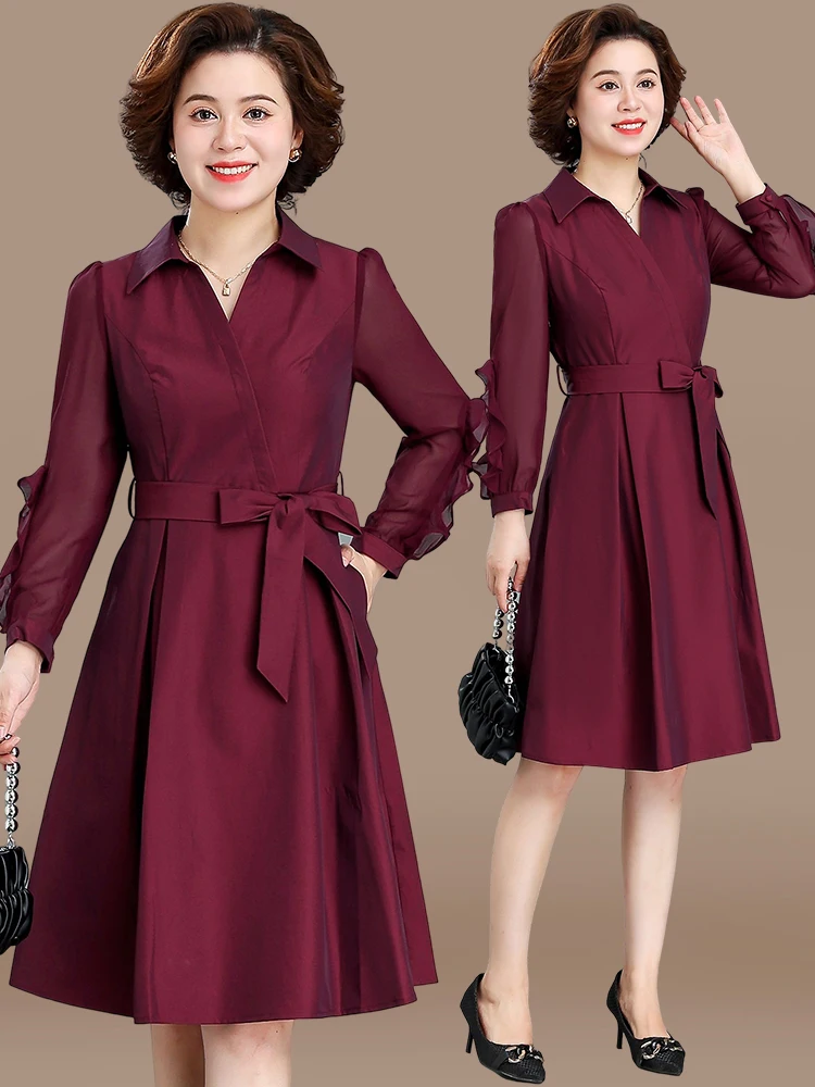 

Модное платье для женщин среднего возраста на весну-осень, для свадебной церемонии, с V-образным вырезом, из полиэстера, с поясом на талии