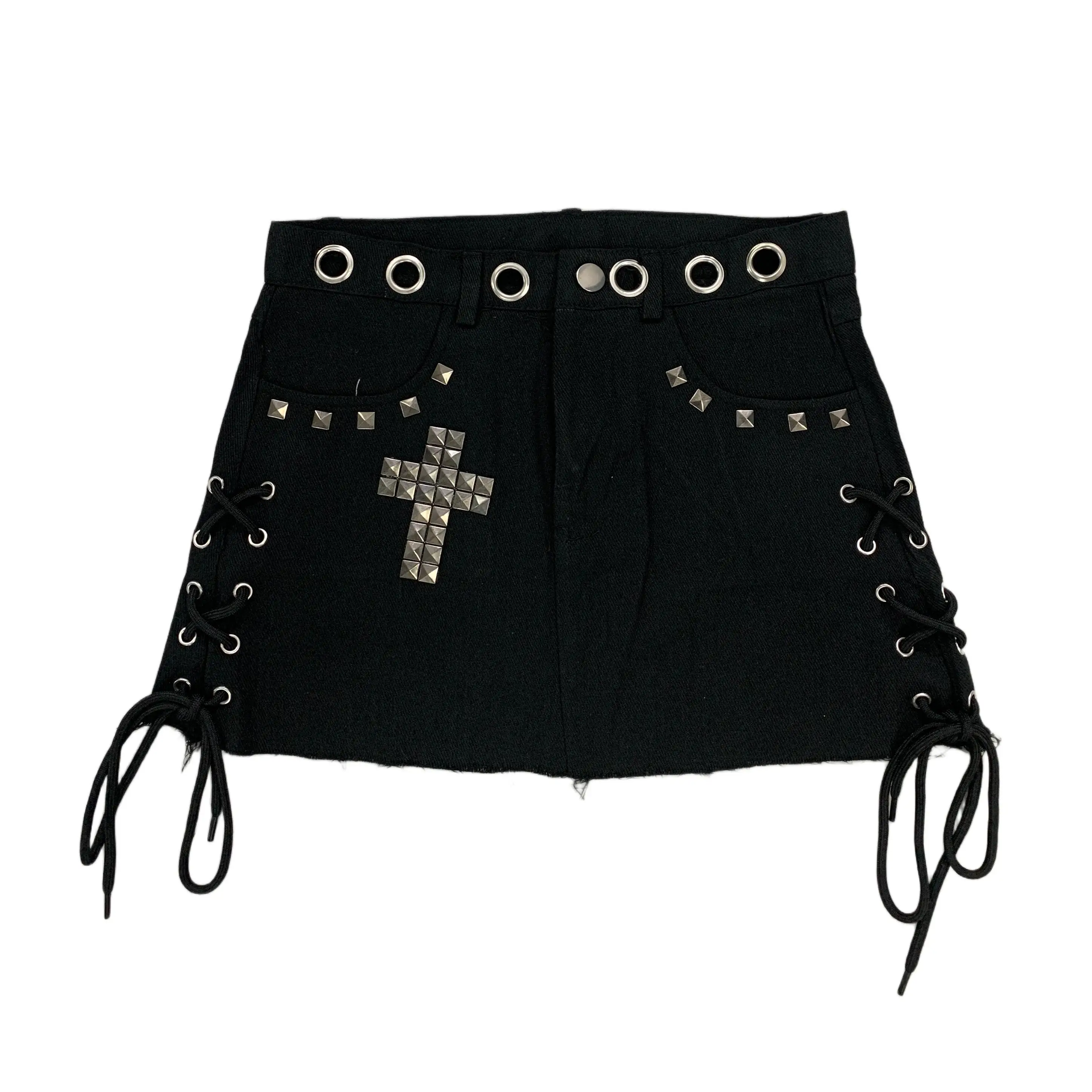 Gothic Punk Women Denim Skirt, Washed Vintage Metal Rivet Decoration, Retro High Street Spice Girl A‑Line Jean Skirt