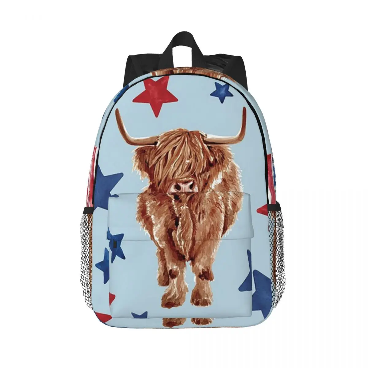 USA Highland Cow Floral On Blue, American Flag Backpacks Teenager Bookbag Fashion Children School Bags Rucksack Shoulder Bag