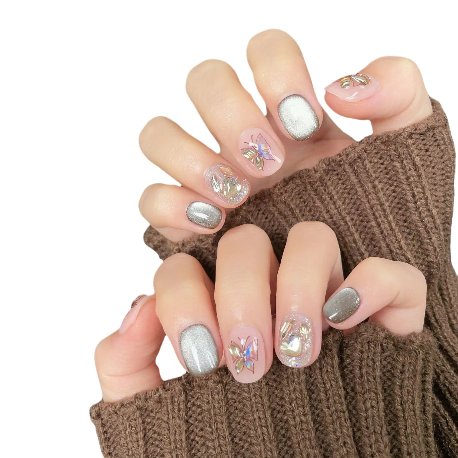 10 pçs borboleta unhas artesanais rosa chamativo olho de gato glitter imprensa no prego curto quadrado redondo cobertura completa dicas de unhas para mulher