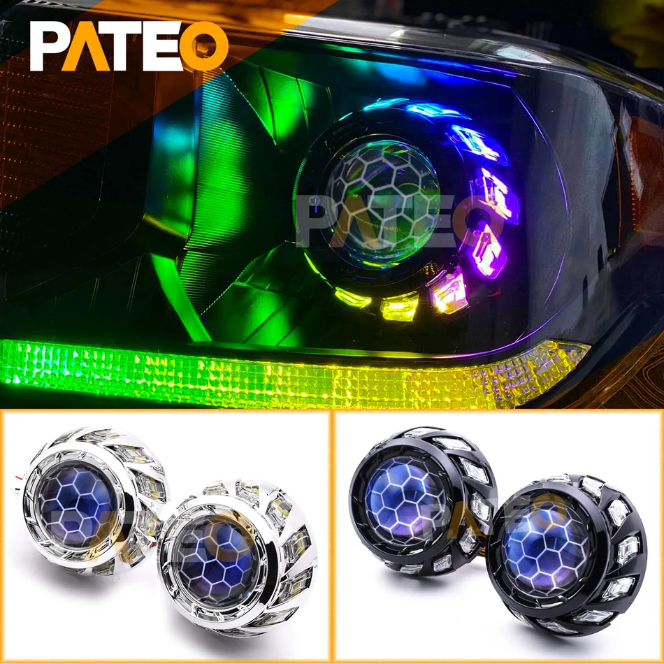 LED Dynamic RGB Angel Eye Hotwheel Halo Rings 3 Inch HID Bi-xenon Projector Honeycomb Lens Headlight Accessories APP Control DRL