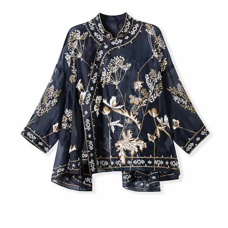 Autumn New Standing Collar+Lace Up Design With Three Quarter Sleeves +Beading Embroidery Silk Organza Fabric Women's Jacket M-XL