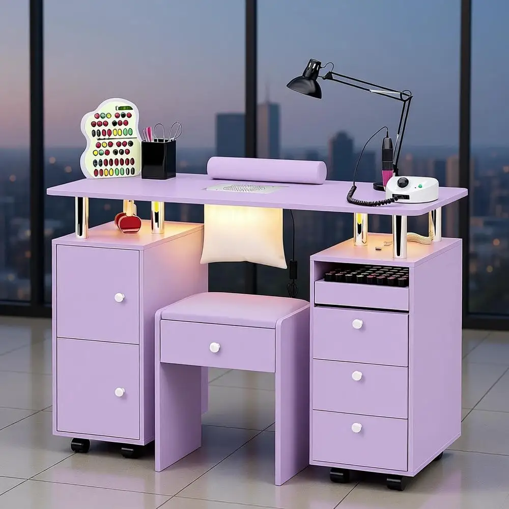 

Manicure Table with Electric Dust Collector, LED Lights, Rolling Wheels, Storage Seat, Acetone Resistant Professional Workstatio