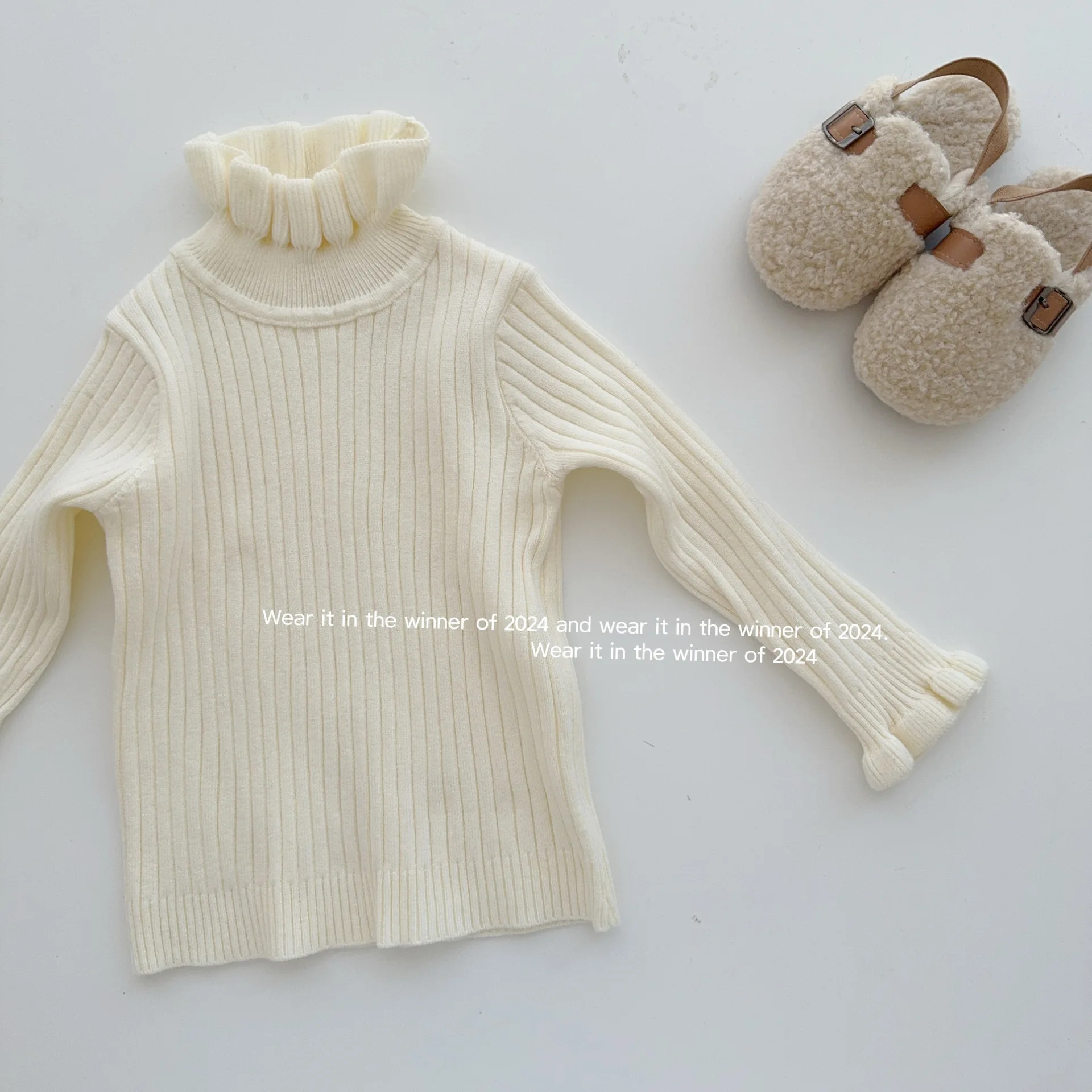 Girls Sweater 2024 Winter New Girls Solid Sweater High Collar Mushroom Edge Collar Knitted Versatile Base Sweater