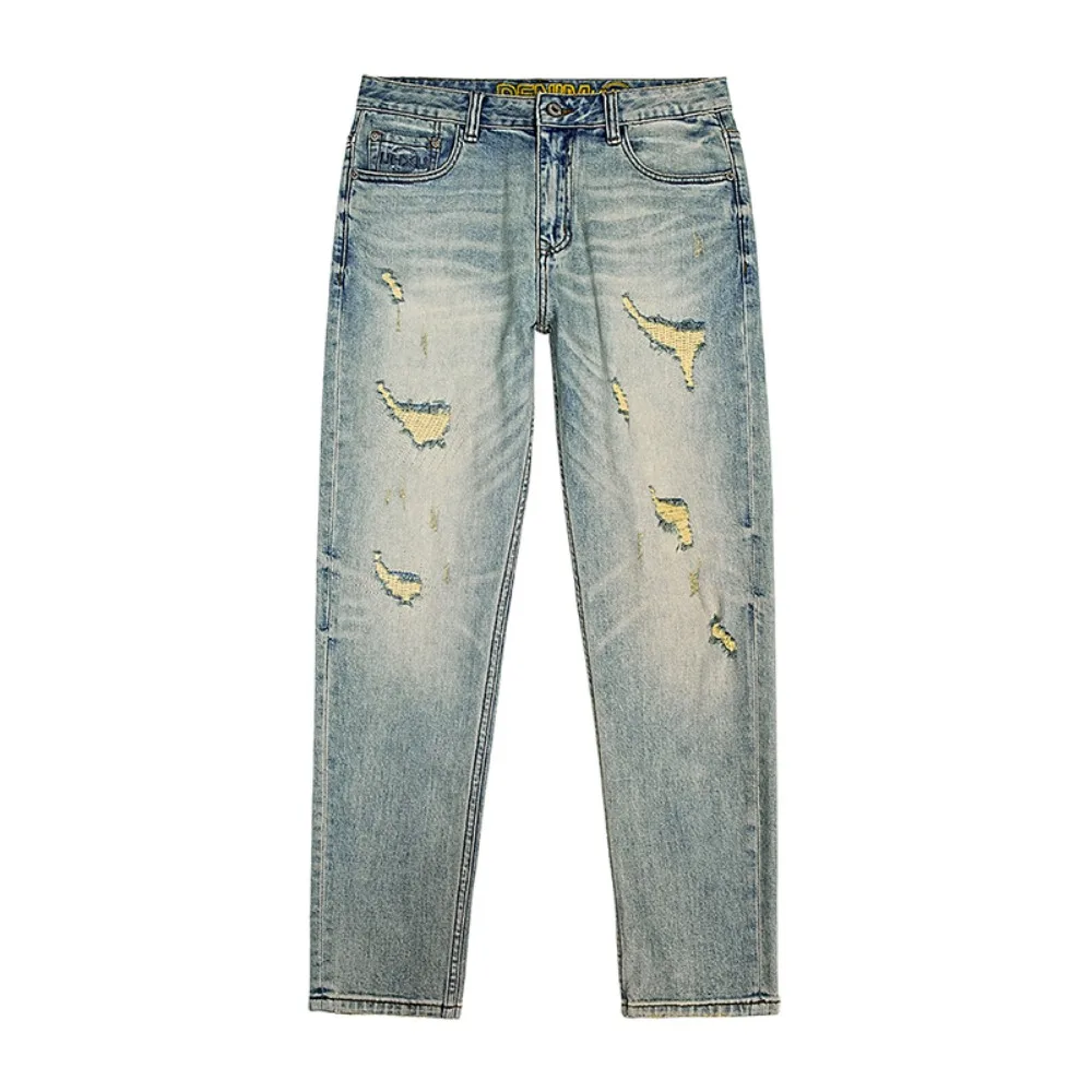 

New American streetwear brand casual ripped jeans, men's slim-fit straight, versatile washed retro skinny pants