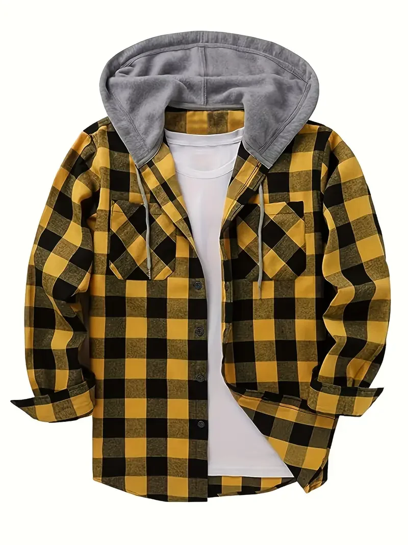 Buffalo Check Hooded Shirt — Black & White Plaid with Grey Hood — Button-Up Jacket S6aca792271af42d294a9aea50a3662aa0