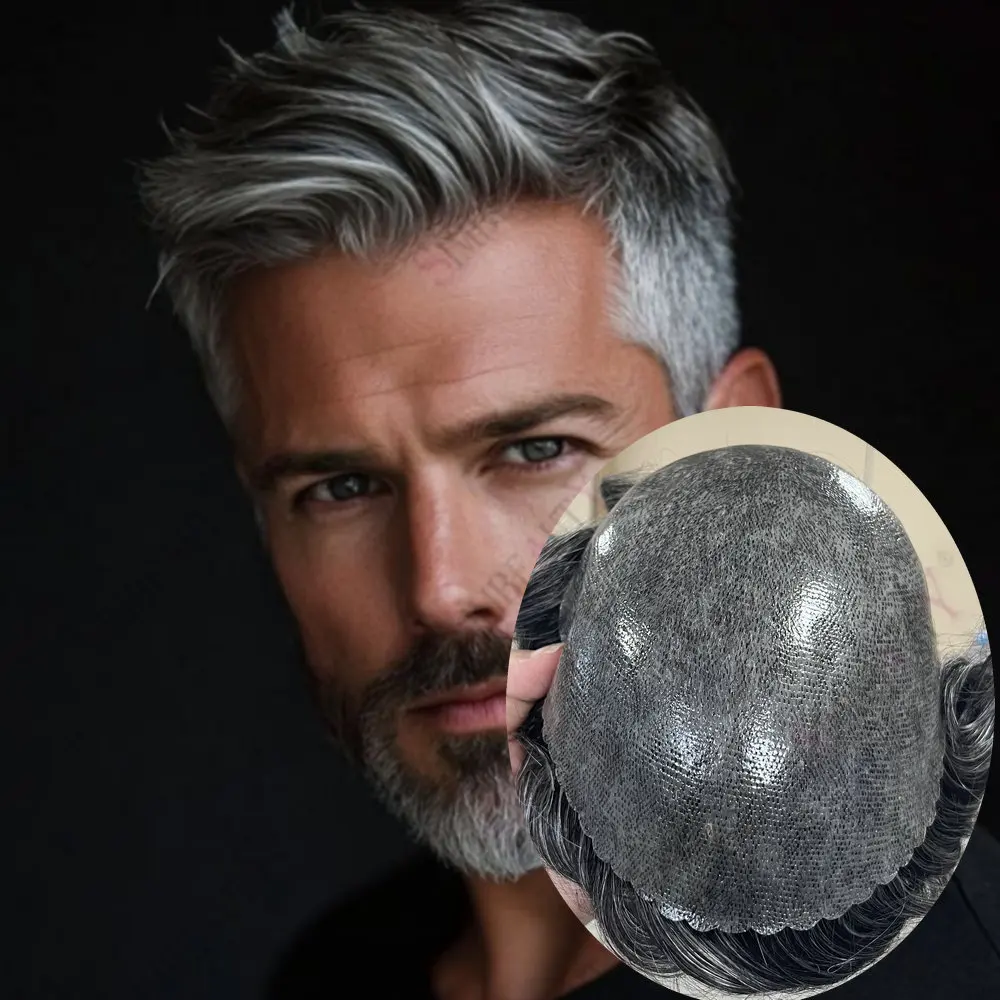 

Мужской протез для волос, человеческие волосы, поликожа, зубчатая натуральная линия роста волос, мужской парик 1b40 # 1b80 Система замены серо-черных волос