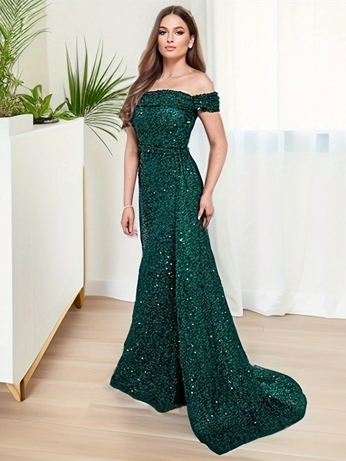 Off The Shoulder Slash Neck Green Sequin Elegant Women Party Dress With Detachable Trian Long Mermaid Floor Length Evening Prom