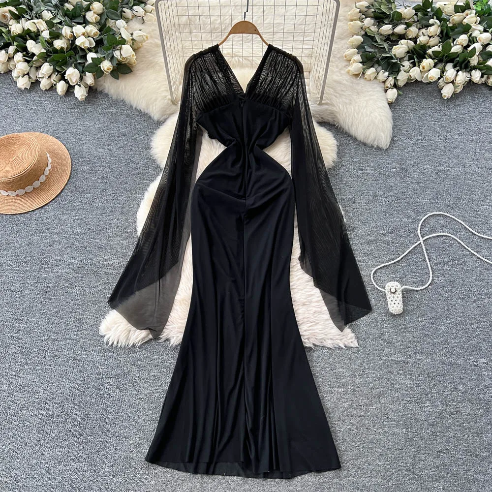 Abito da festa lungo elegante autunnale per donna Manica svasata Punto a rete Abiti da sera aderenti Nuovo in Traf formale femminile Novità