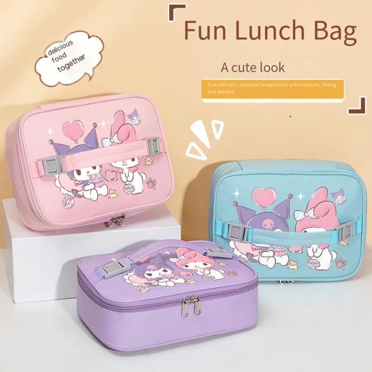 

Sanrio Kuromi Cartoon Handheld Lunch Box Bag Cute Girl Noon Bringing Meal Student Large Capacity Insulated Bag Fashion Lunch Bag