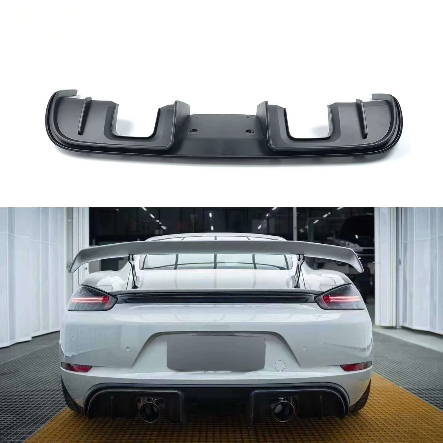 

For 718 Boxster Cayman Upgrade Bilateral Single Rear Diffuser 982 Rear Bumper Lip Body Kit ABS Material