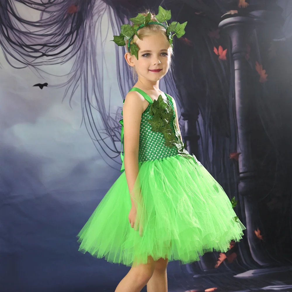 Children Posion Ivy Costume Tutu Dress with Headband Kids Halloween Costume Girls Tulle Dress Carnival Woodland Villain Costumes