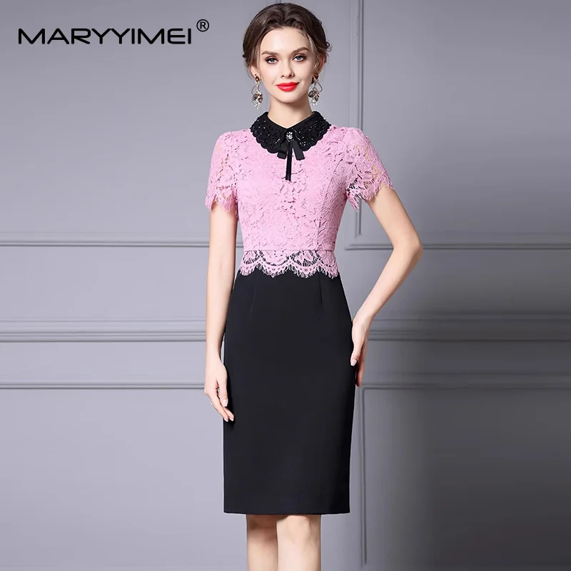 

MARYYIMEI Fashion design Women's Dress Turn-Down Collar Short-Sleeved Lace Splicing Slim-Fit Hip Wrap Dresses