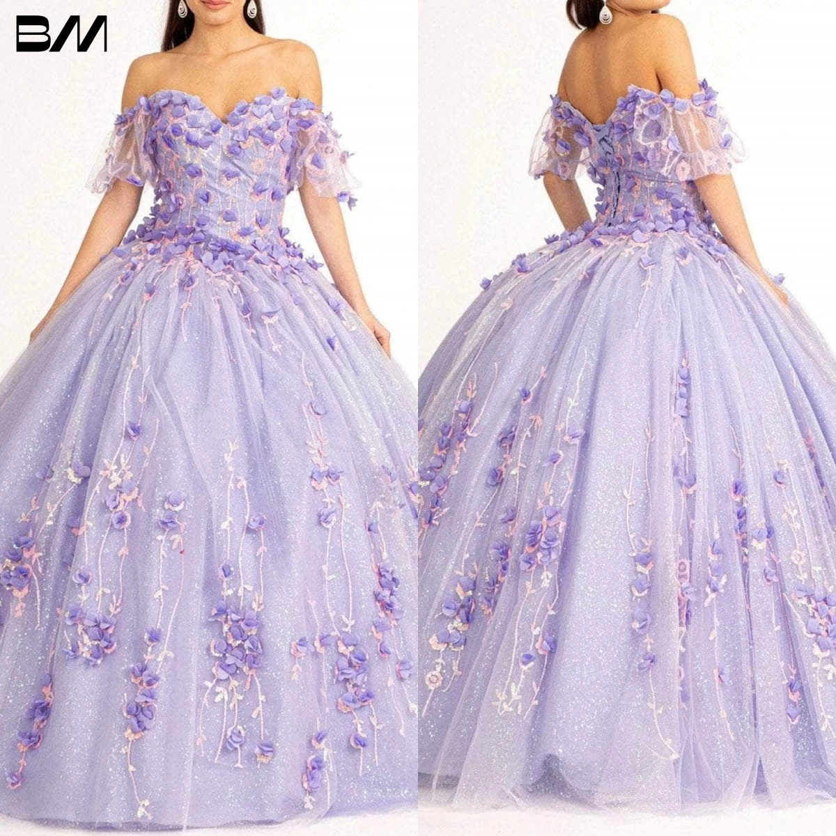 Vestidos de coquetel sem alças com apliques florais, mangas fora do ombro, vestido de baile Glitter, vestido Quinceanera, 2023