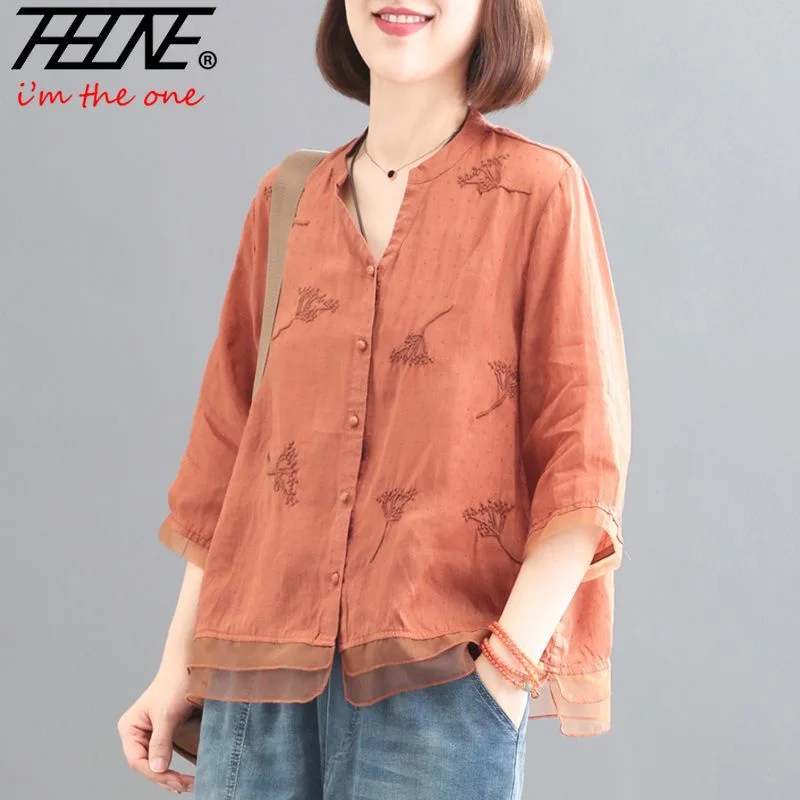 Summer Women\'s Clothing Shirts Blouse Blusa Mujer Casual Camisas Vintage Cotton Linen Button Solid Embroidery Chinese